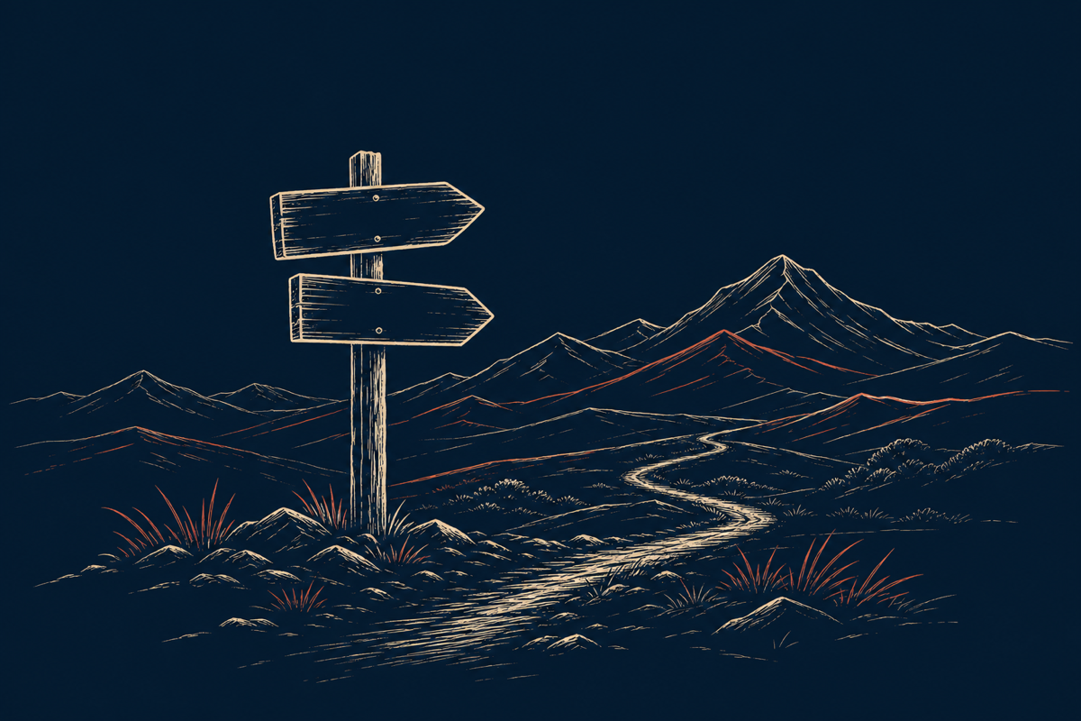 A trail sign pointing toward a mountain path